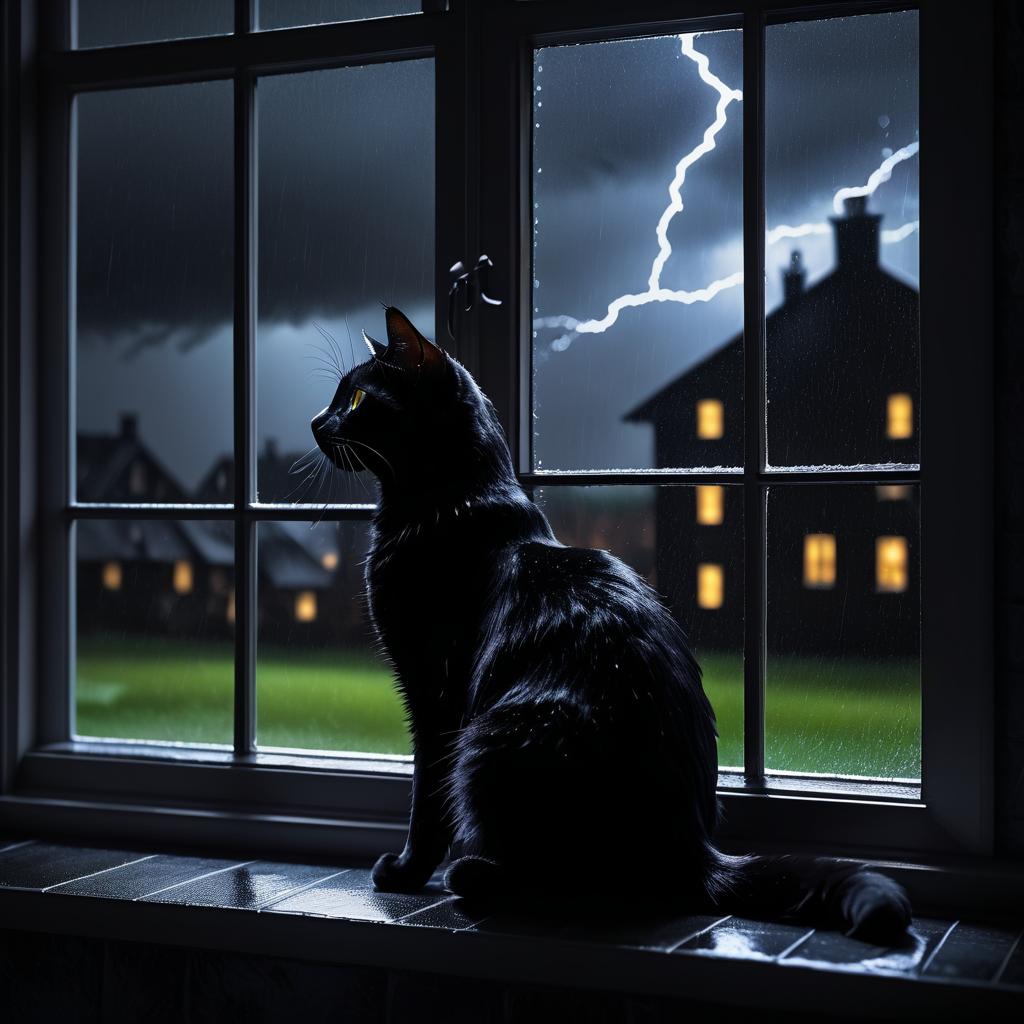 Dark Photorealistic Black Cat on Windowsill