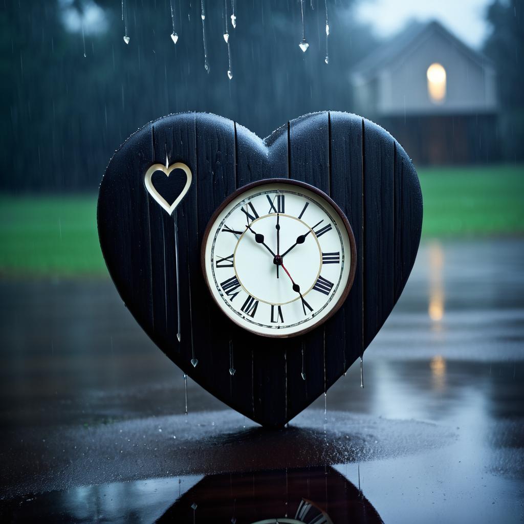 Surreal Wooden Heart Amidst Rain