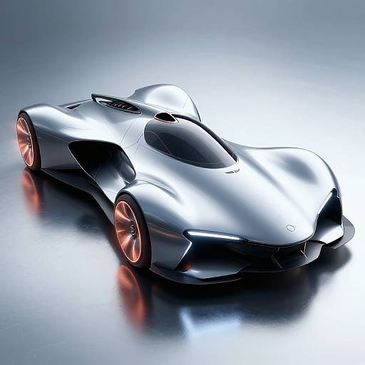 Photorealistic CGI of a sleek, silver futuristic sports car with red rims, glossy surface, and aerodynamic design, set against a gradient blue-to