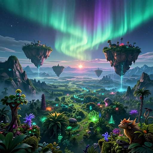 Fantastical Floating Isles under Aurora Sky