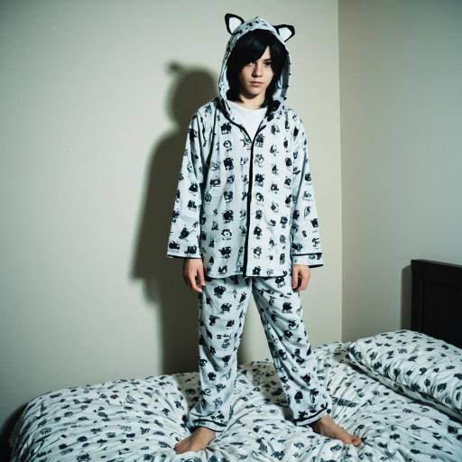 Teen in Animal Print Pajamas Standing on Bed