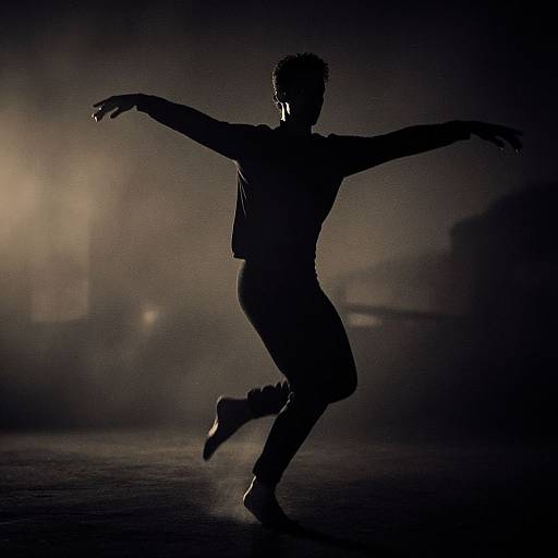 Silhouetted dancer in mid-leap against a dark, misty background with subtle light highlights, creating a dramatic, moody effect. Phot