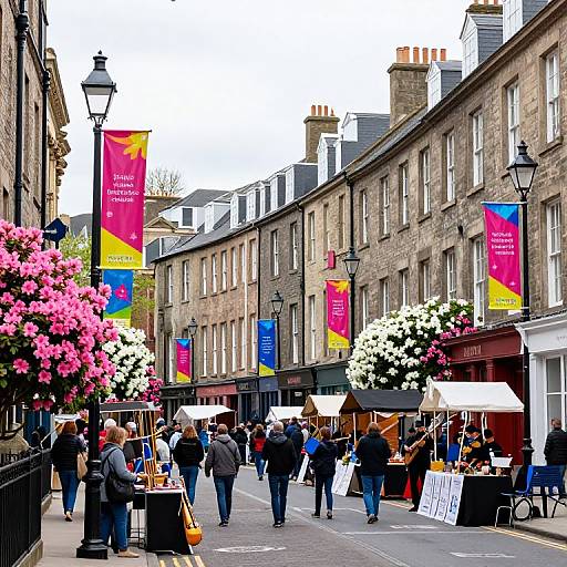 Photograph of a bustling European street market with vibrant pink and white flowers, colorful banners, shoppers, and market stalls under gray stone buildings.