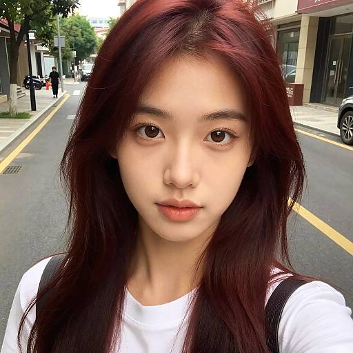 Photograph of an Asian woman with long, straight, dark red hair, fair skin, brown eyes, wearing a white shirt, standing on a city