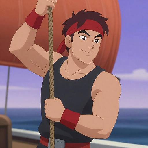 Muscular Man Holding Ship Rope on Deck