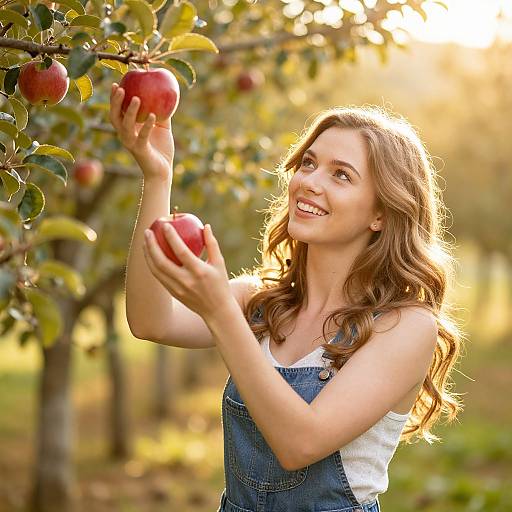 Photograph of a smiling young woman with wavy brown hair, wearing denim overalls and white tank top, picking red apples in a sunlit orch