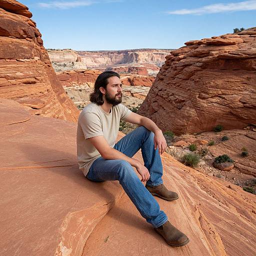 Photograph of a bearded man with long dark hair, wearing a beige t-shirt, blue jeans, and brown boots, sitting on red rock formations
