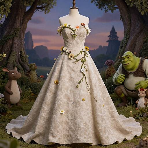 Photograph of a white, floral-embellished wedding dress on a mannequin, set in a whimsical forest with Shrek and fairy