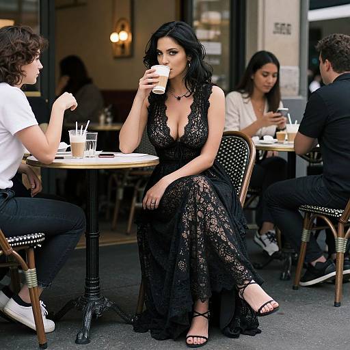 Photograph of a black-haired woman in a deep V-neck lace dress, sipping coffee at an outdoor café, surrounded by casually dressed people.