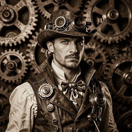 Steampunk portrait of a bearded man with a mustache, wearing a leather vest, bow tie, and goggles, set against a backdrop of