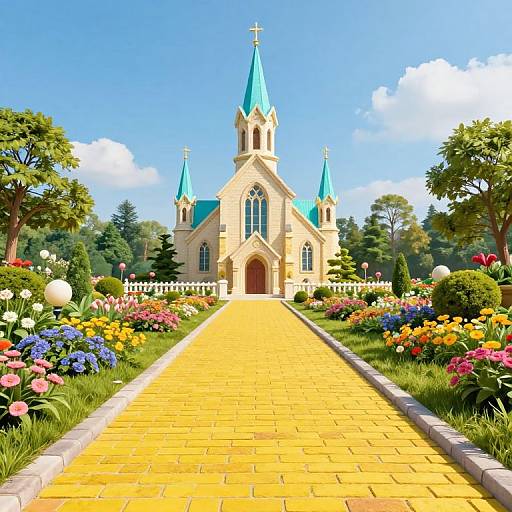 Photograph of a vibrant, fairy-tale-like church with turquoise spires, yellow brick pathway, colorful flower garden, and clear blue sky.
