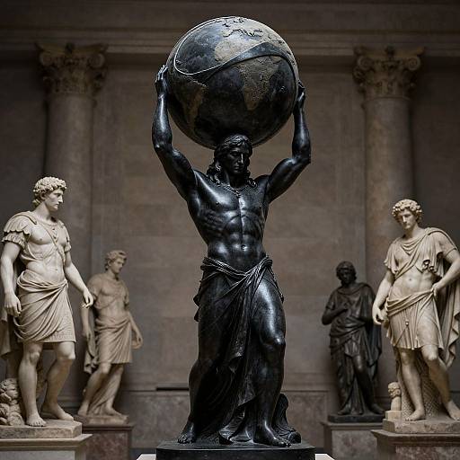 Photograph of a black, muscular Atlas statue holding a globe, flanked by classical white marble statues in a grand, columned museum hall.