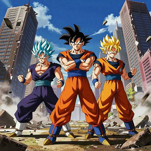 Digital artwork of three muscular, anime-style warriors with spiky hair in orange and blue outfits, standing defiantly in a ruined cityscape under a bright