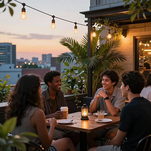 Photograph of four diverse friends laughing at a rooftop restaurant at sunset, surrounded by potted plants, string lights, and city skyline.