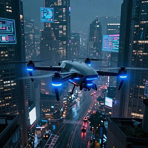 Nighttime cityscape photograph of a drone with glowing blue lights flying above skyscrapers, illuminated by neon signs and digital screens.