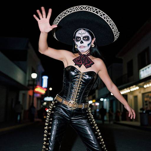 Photograph of a person in a black leather outfit, white skull mask, large sombrero, and black bowtie, waving in a dark, neon