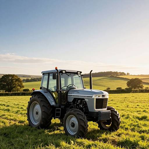 Photograph of a white and black John Deere tractor in a sunlit, green grassy field with rolling hills and a bright blue sky in the