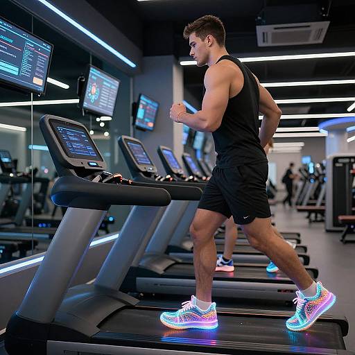 Photograph of a muscular man in a black tank top and shorts running on a treadmill in a modern, brightly lit gym. He wears glowing neon blue