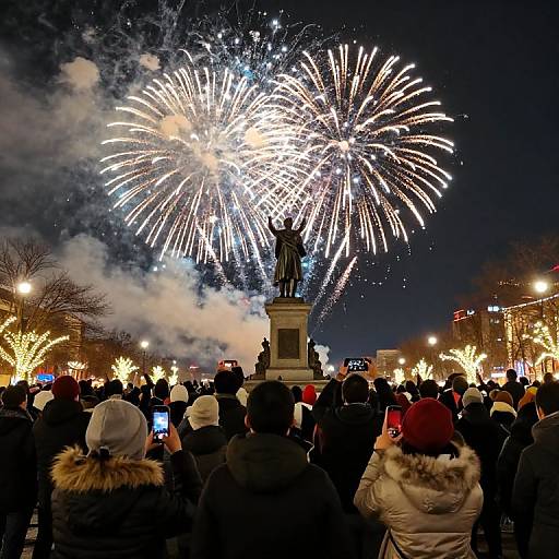 Night photograph of a crowd watching vibrant fireworks above a statue, illuminated by street lights and festive decorations.