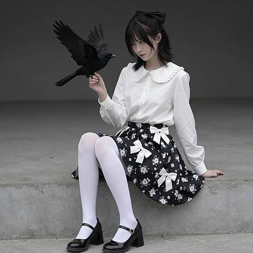 Young Woman with Black Bird on Concrete Ledge