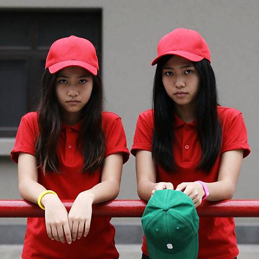 Young Women in Red Outfits on Railing