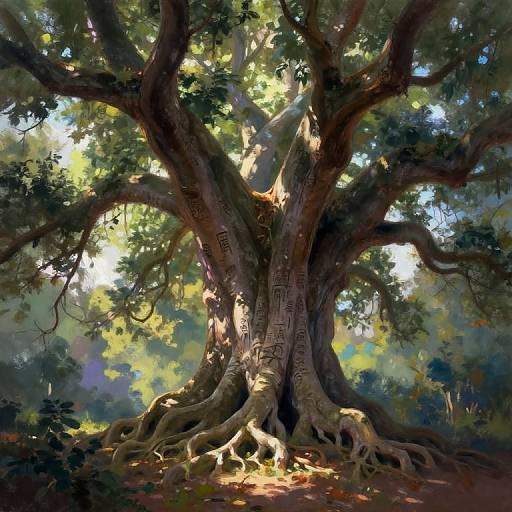 Digital painting of a massive, ancient tree with twisted roots and sunlight filtering through dense, green foliage. Engraved symbols adorn the trunk.