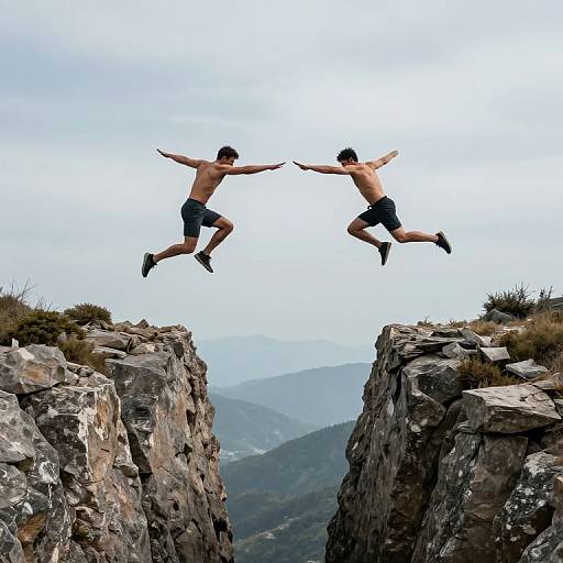 Two shirtless men in black shorts leap over a rocky mountain gap, arms outstretched, against a cloudy sky backdrop. Photograph.
