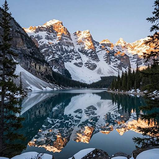 Photograph of a serene mountain lake at sunset, reflecting snow-capped peaks and evergreen trees, with clear blue sky above.