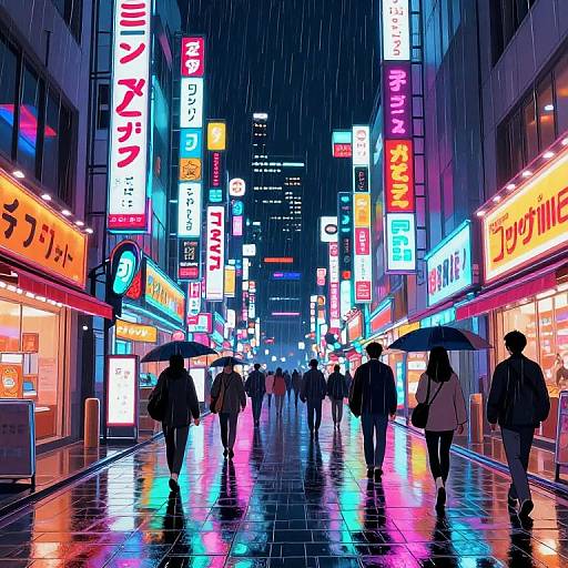 Neon-lit, rainy urban street scene in digital art style, featuring colorful signs in Japanese, people walking with umbrellas, reflections on wet pavement