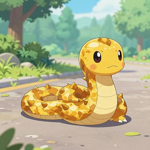 Digital drawing of a cute, yellow-orange, spotted snake with large black eyes, sitting on a sunlit, leafy forest path.