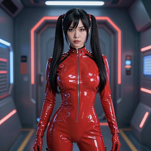 Photorealistic CGI of an Asian woman with long black pigtails, wearing a shiny red latex catsuit, standing in a futuristic, neon-l