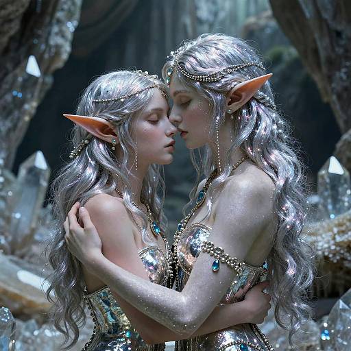 Digital painting of two elven women with silver hair, pointed ears, and glittering jewelry, embracing intimately in a crystal-filled cave.