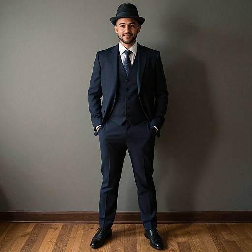 Photograph of a smiling man in a black suit, white shirt, black tie, and bowler hat, standing with hands in pockets against a gray