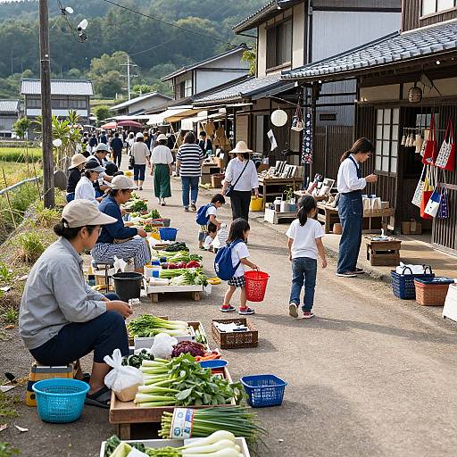 Photograph of a bustling outdoor Japanese market with vendors, children, and shoppers; colorful vegetables displayed, traditional wooden buildings, and green hills in the background