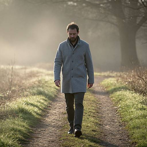 Photograph of a bearded man with short dark hair, wearing a grey coat and dark pants, walking on a sunlit path in a misty