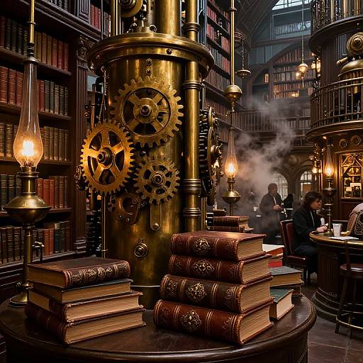 Steampunk library photograph: brass gears in central column, stacked ornate books, warm lit lamps, steam, wooden shelves, people in background.