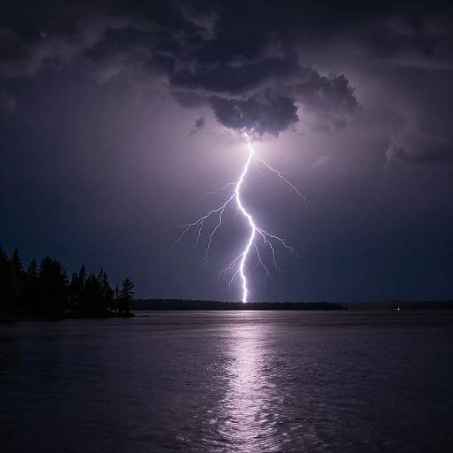 Photograph of a vivid, bright lightning bolt striking over a dark, reflective lake with silhouetted trees and a stormy, cloud-filled night