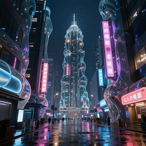 Neon-lit, futuristic city street at night, illuminated by vibrant pink, blue, and purple signs, with translucent, bubble-like structures on either