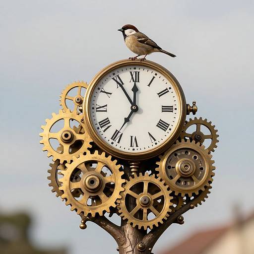 Photograph of a steampunk-style clock with gold gears, white face, black Roman numerals, and a small bird perched on top.
