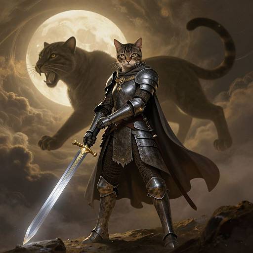 Digital artwork: Armored tabby cat warrior with glowing sword stands before full moon, large tiger looming behind, dark cloudy sky.
