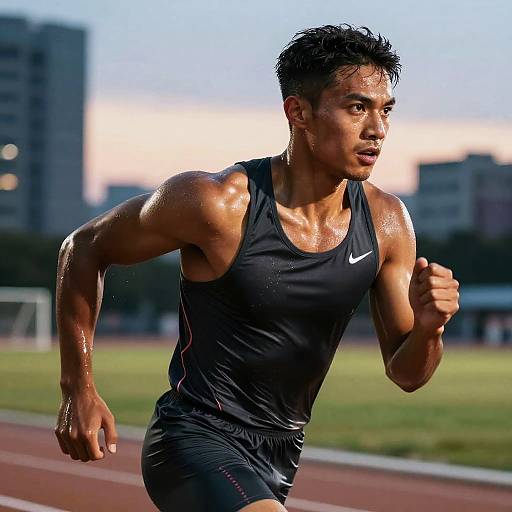 Photograph of a muscular, sweaty Asian male runner in black Nike sports wear, mid-sprint on a track field at dusk.