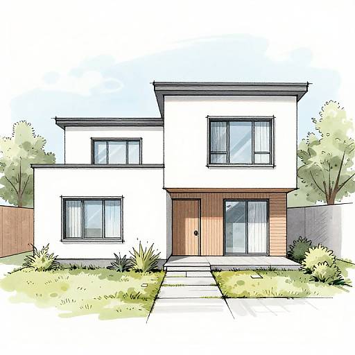 Digital illustration of a modern two-story house with white and wood accents, rectangular windows, and a central wooden door, surrounded by grass and trees.