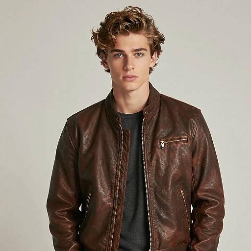 Photograph of a young Caucasian man with wavy brown hair, wearing a dark brown leather jacket over a black shirt, against a plain white background.