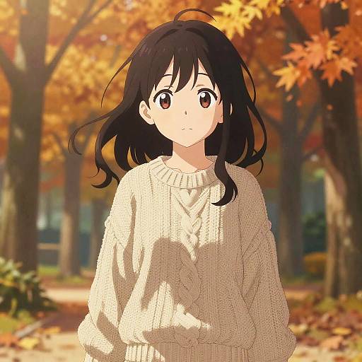 Anime-style digital illustration of a young girl with black hair, brown eyes, and a beige knitted sweater, standing in a vibrant autumn forest with orange