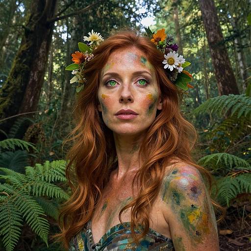 Photograph of a red-haired woman with green eyes, floral crown, and colorful body paint, standing in a forest with ferns.