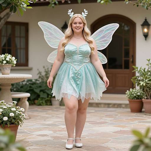Photograph of a blonde woman in a light blue, fairy costume with transparent wings and white shoes, smiling outdoors on a stone patio.
