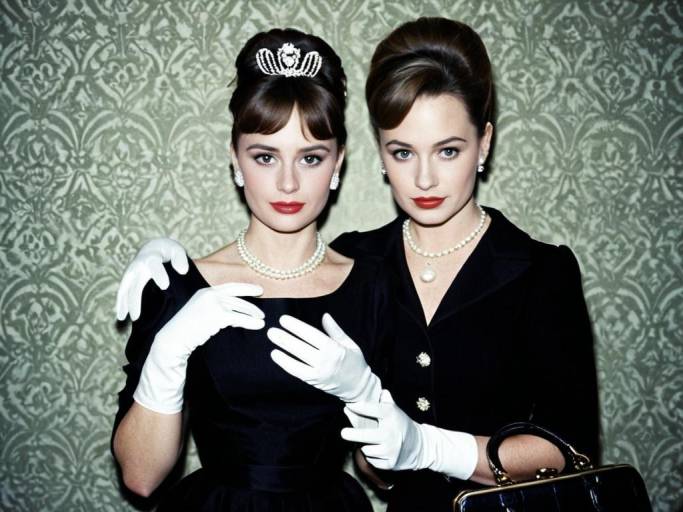 Two Women in Elegant Black Dresses with Pearls and White Gloves