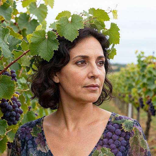 Photograph of a middle-aged woman with short dark hair, wearing a floral dress, crowned with grape leaves, standing in a vineyard.