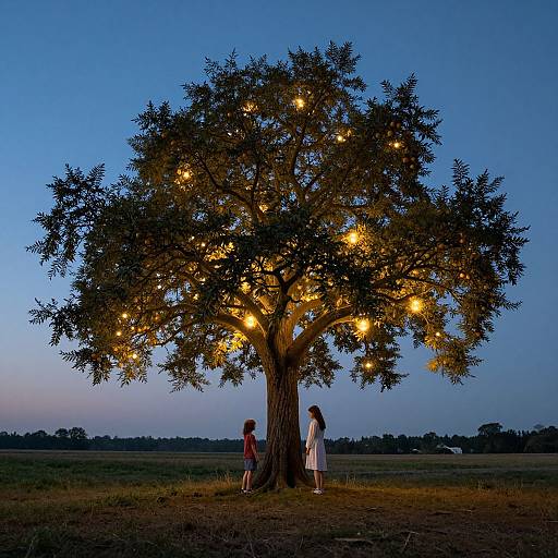 Photograph of a large tree at dusk, illuminated by string lights, with two children, one in a red shirt, one in a white dress,
