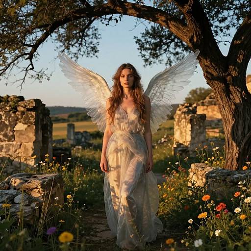 Photograph of a long-haired, fair-skinned angel with white wings, wearing a flowing, translucent white gown, standing in a sunlit, floral